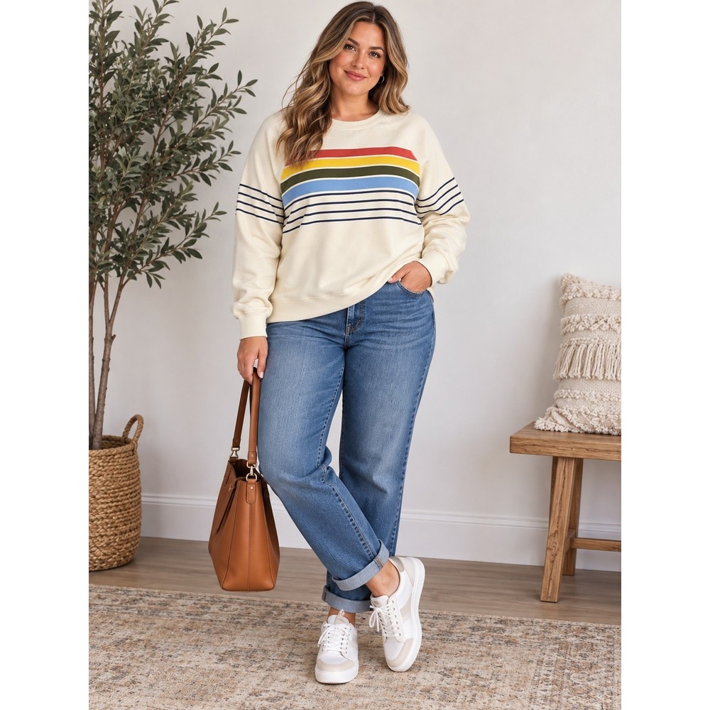 L.L.Bean 24/7 Sweats Crewneck Sweatshirt Womens XL Cream Rainbow Stripe Long...